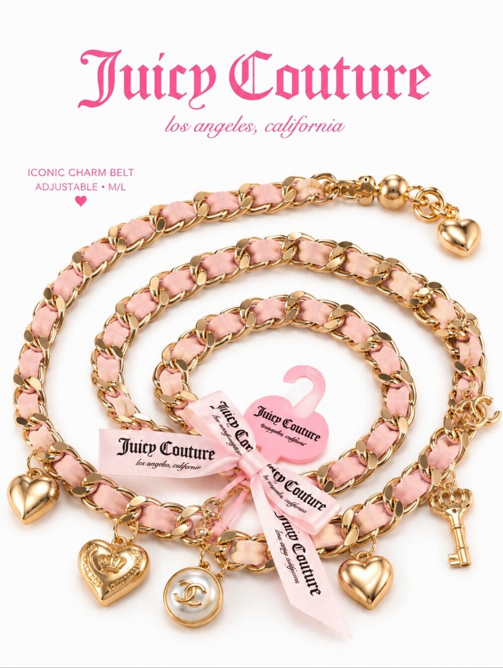 Juicy Couture Gold Pink Charm Chain Belt Crown Heart Y2K NWT M/L